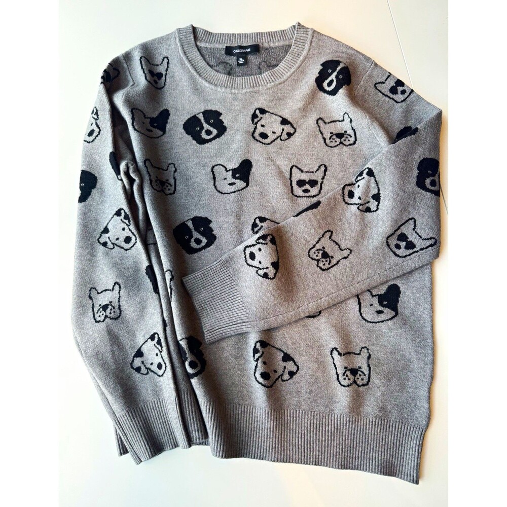 Anthropologie Calligraphie Women's Knit Jacquard Dog Print Crewneck Sweater XL